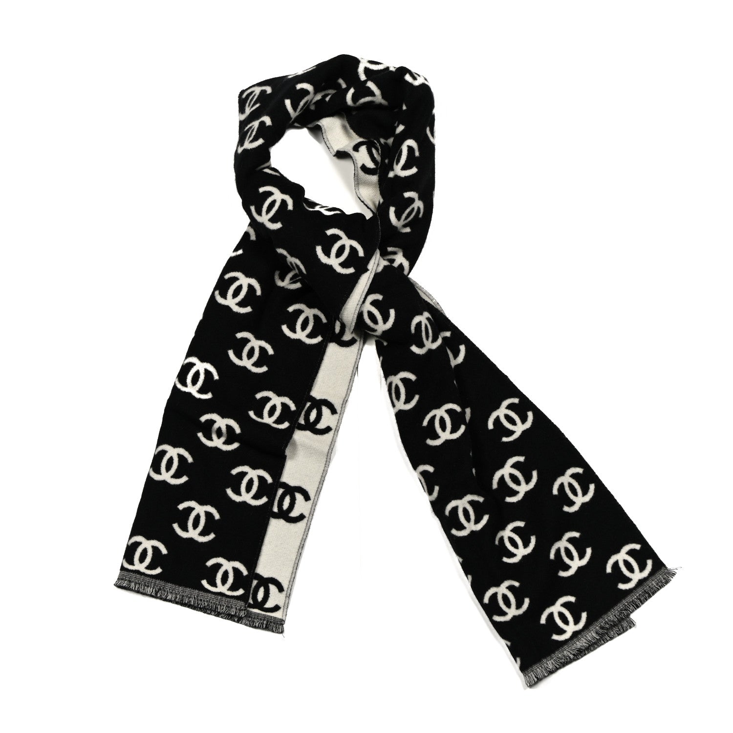 Chanel Wool Cashmere CC Scarf Black White 1 of 4