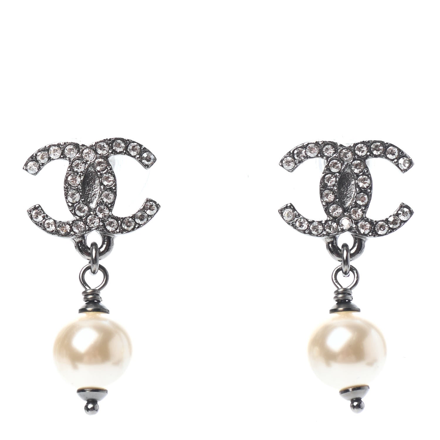 Chanel Crystal Pearl CC Drop Earrings Silver 1 of 4