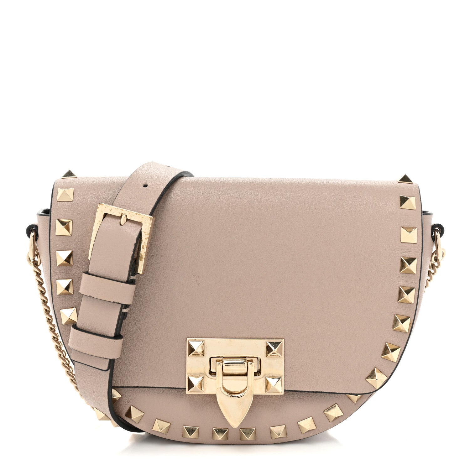 Valentino Garavani Vitello Rockstud Flip Lock Flap Saddle Crossbody Bag Poudre 1 of 12