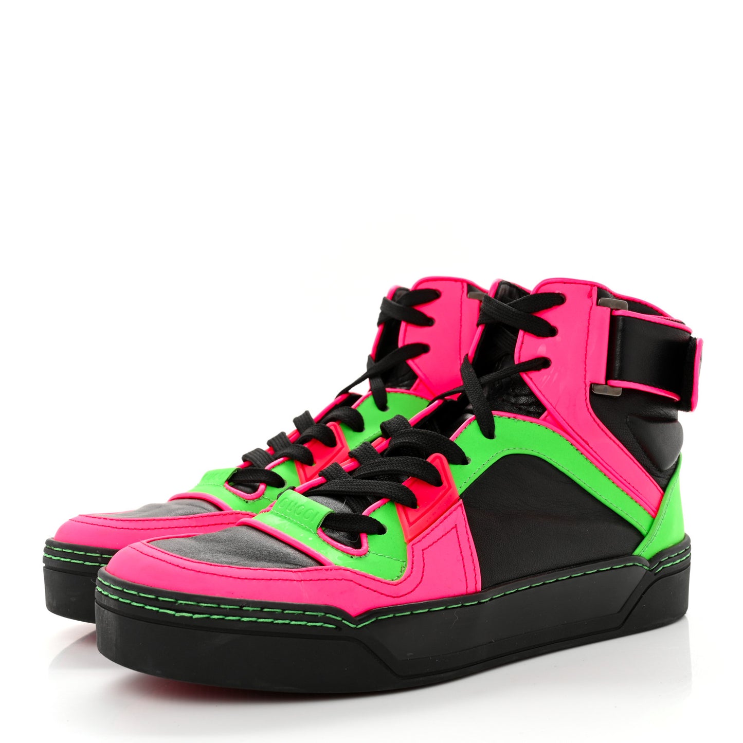 Calfskin Womens Neon High Top Sneakers 37 Black Neon Green Pink
