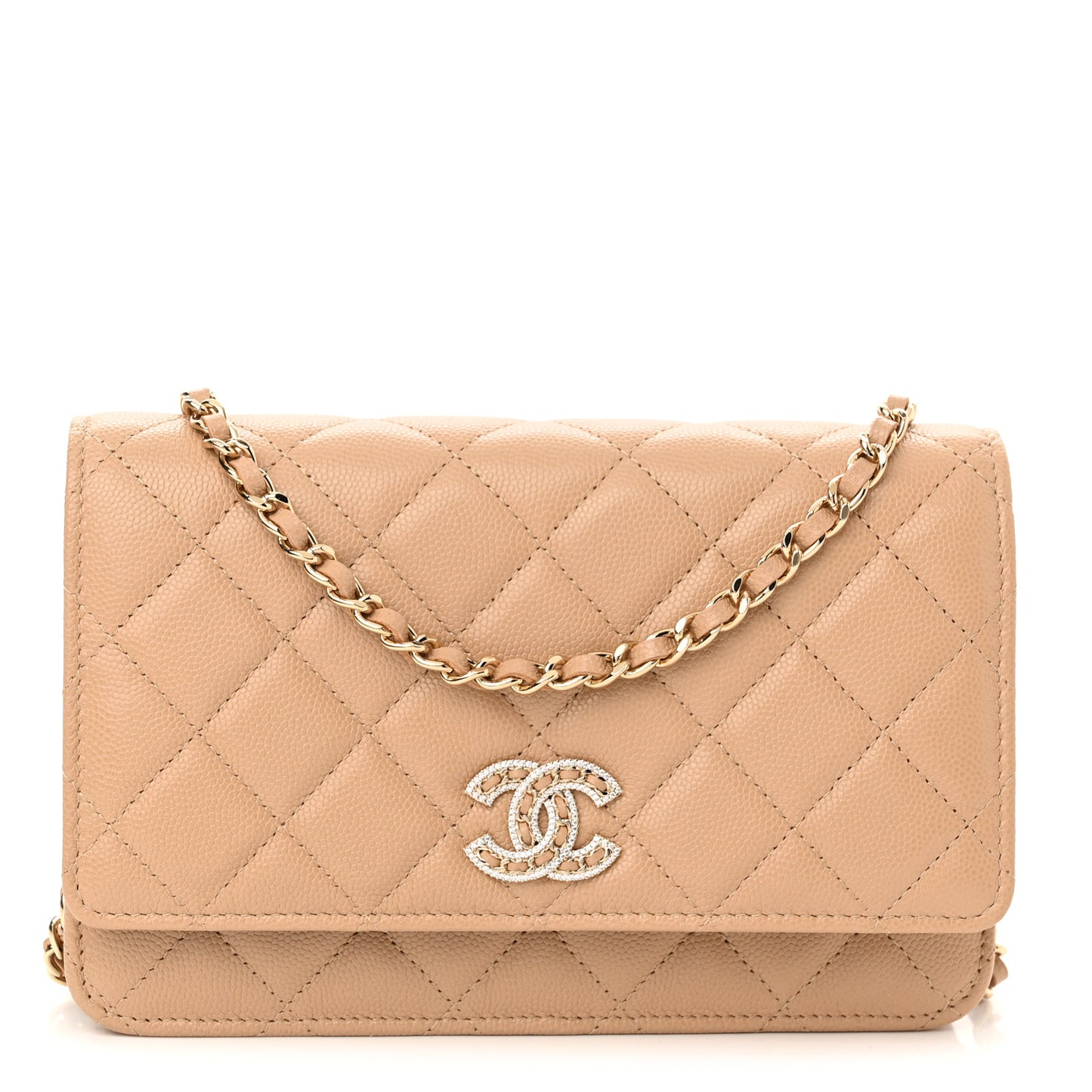 Caviar Quilted Crystal CC Wallet On Chain WOC Beige