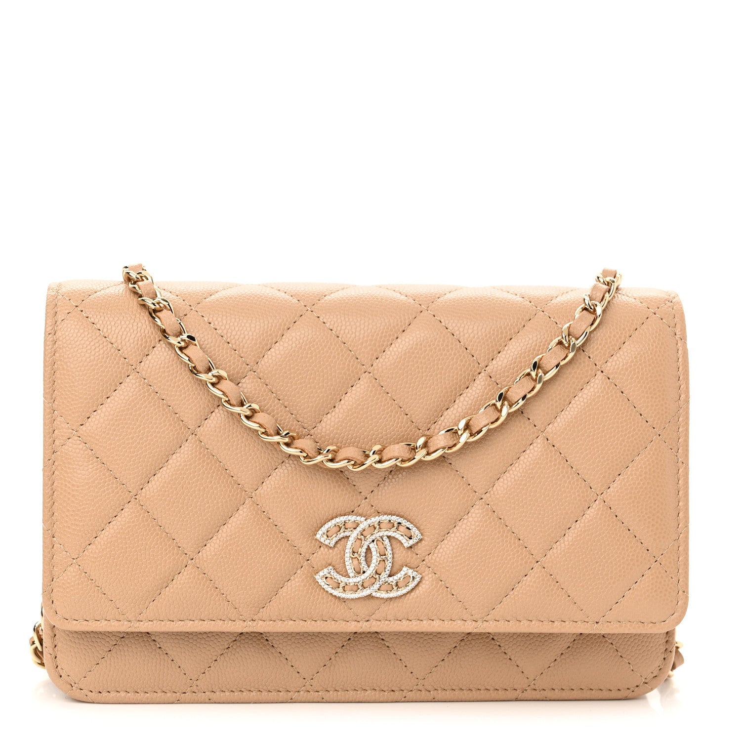 Chanel Caviar Quilted Crystal CC Wallet On Chain WOC Beige 1 of 12