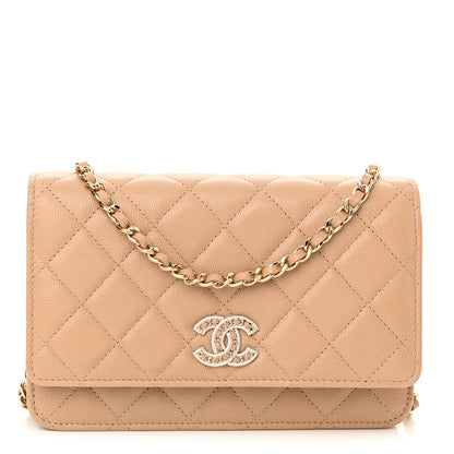 Chanel Caviar Quilted Crystal CC Wallet On Chain WOC Beige 1 of 12