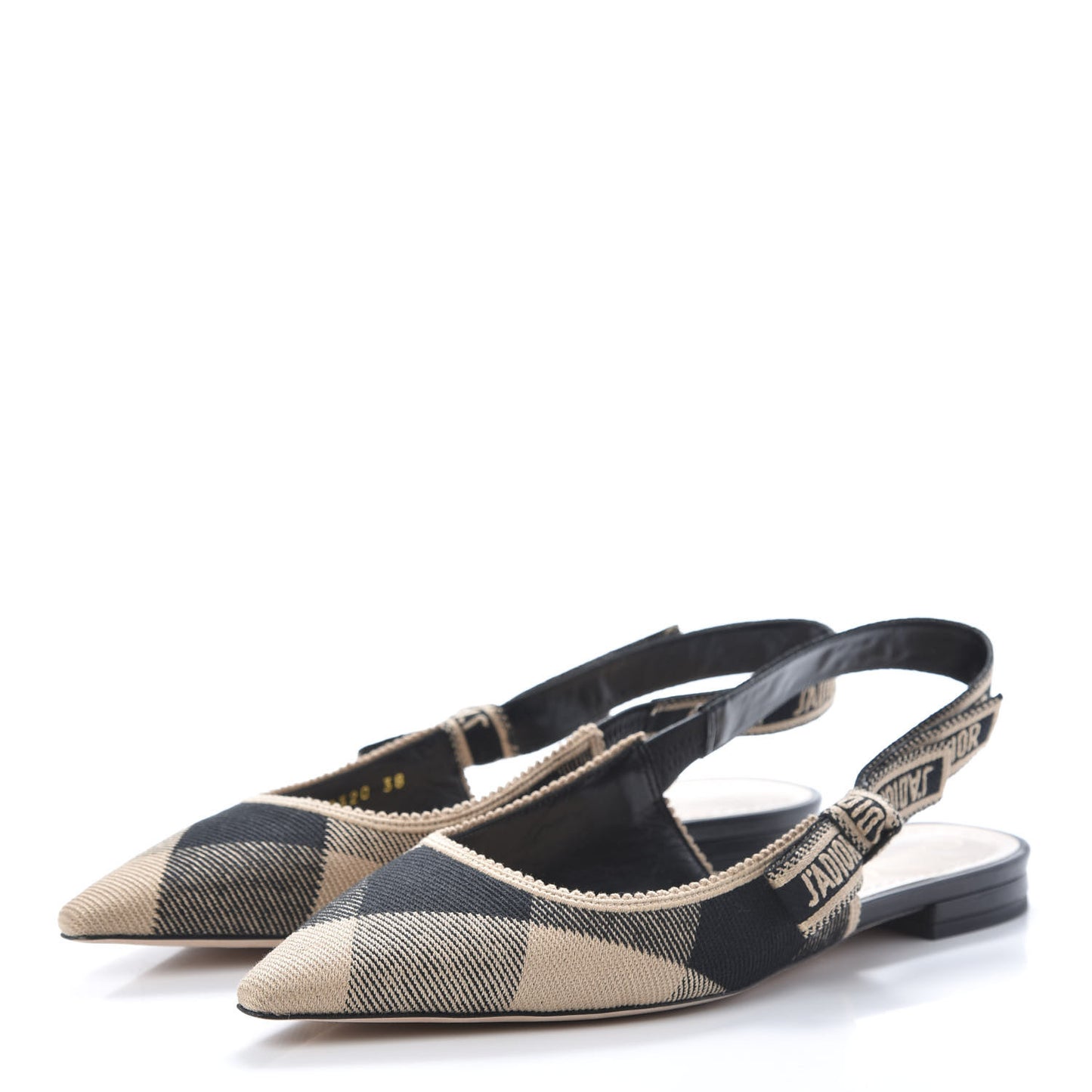 Cotton Ribbon Check'N'Dior J'Adior Slingback Ballet Flats 38 Black Beige