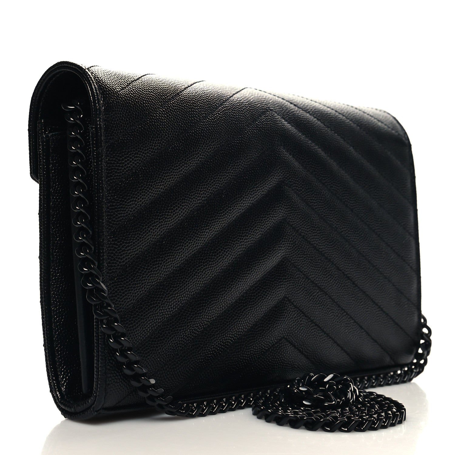 Saint Laurent Grain De Poudre Matelasse Chevron Monogram Monochrome Chain Wallet Black 3 of 11