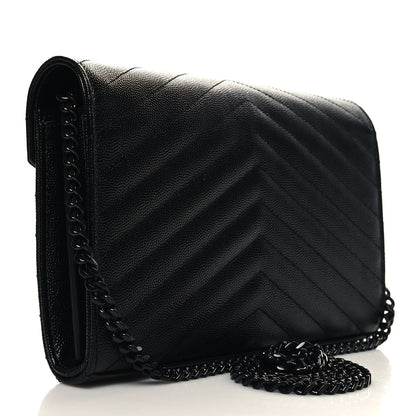 Saint Laurent Grain De Poudre Matelasse Chevron Monogram Monochrome Chain Wallet Black 3 of 11