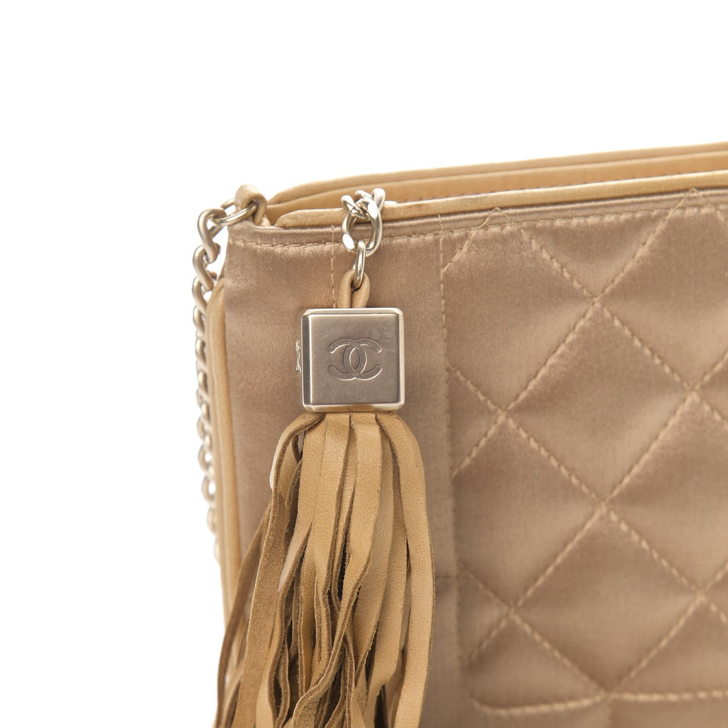 Satin Lambskin Quilted CC Tassel Shoulder Bag Beige