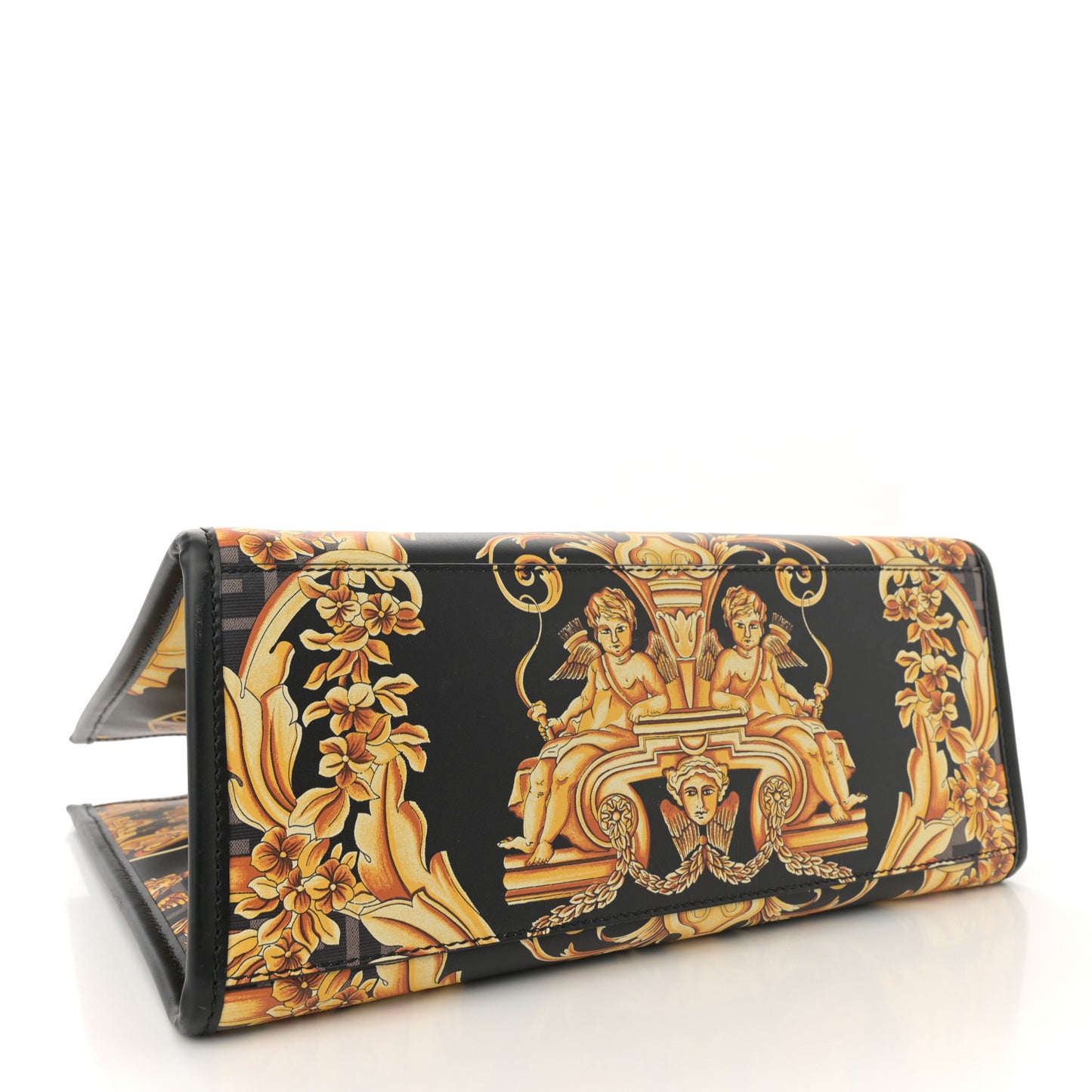 X VERSACE Calfskin Plexiglass Fendace FF Baroque Print Medium Fendi Sunshine Shopper Tote Black Gold