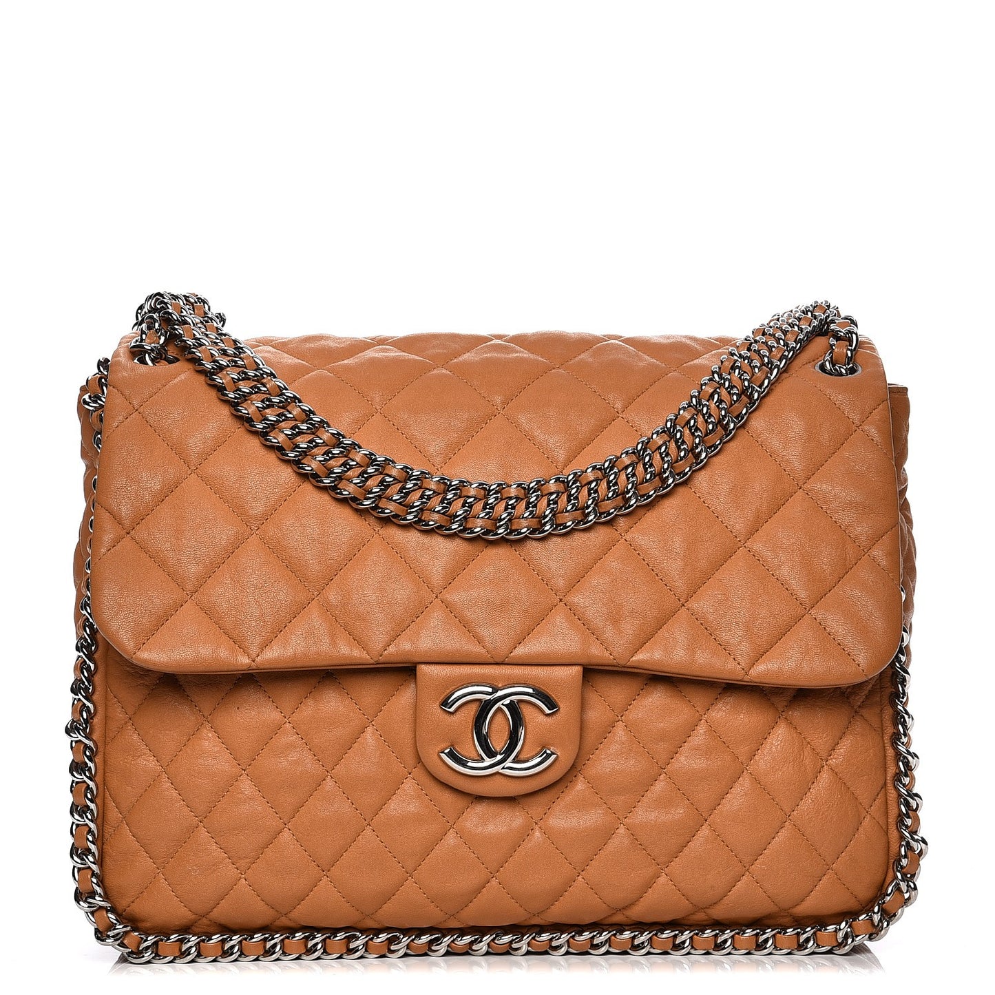 Washed Lambskin Chain Around Maxi Flap Bag Dark Beige