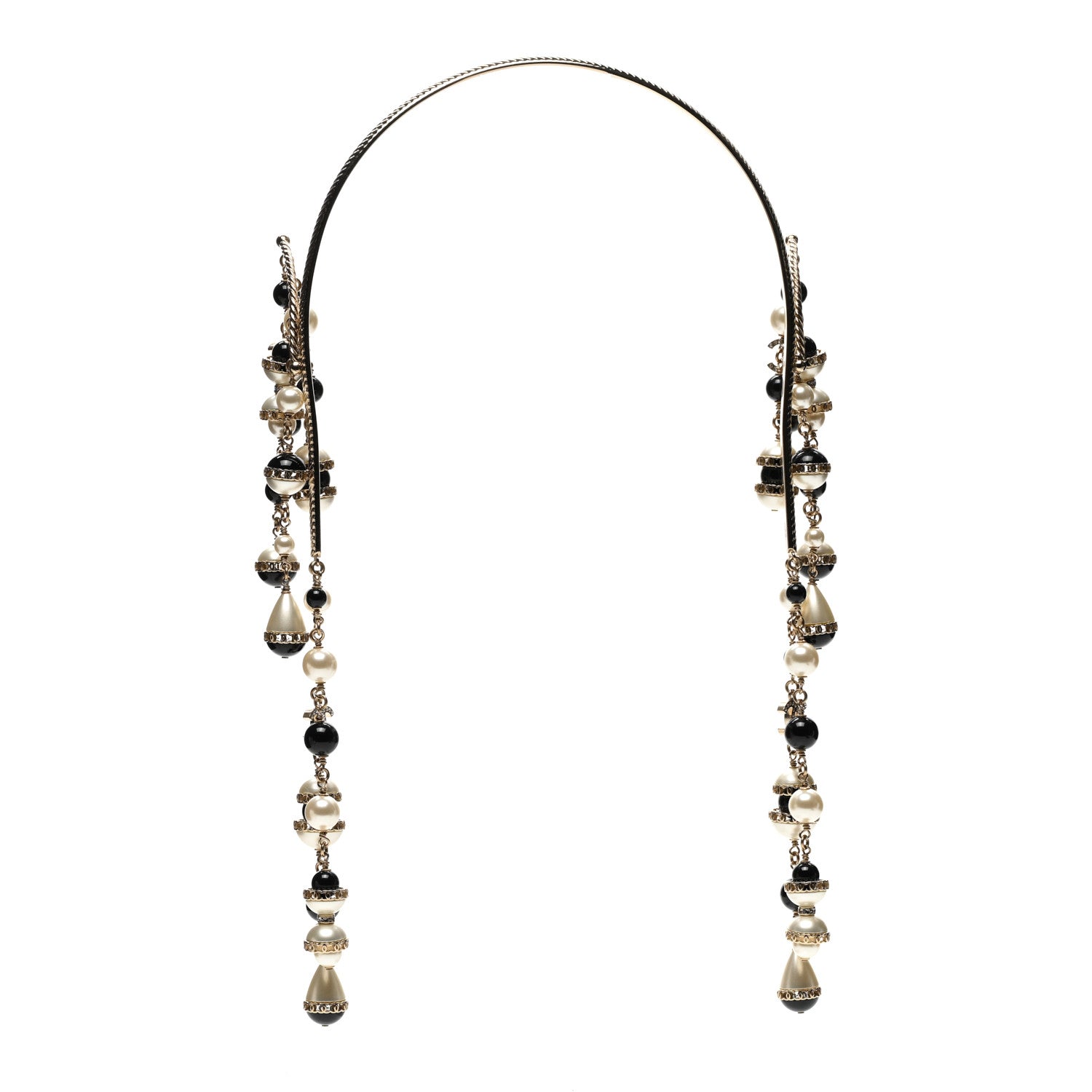 Chanel Metal Crystal Pearl Multi Strand Headband Gold Black 3 of 5