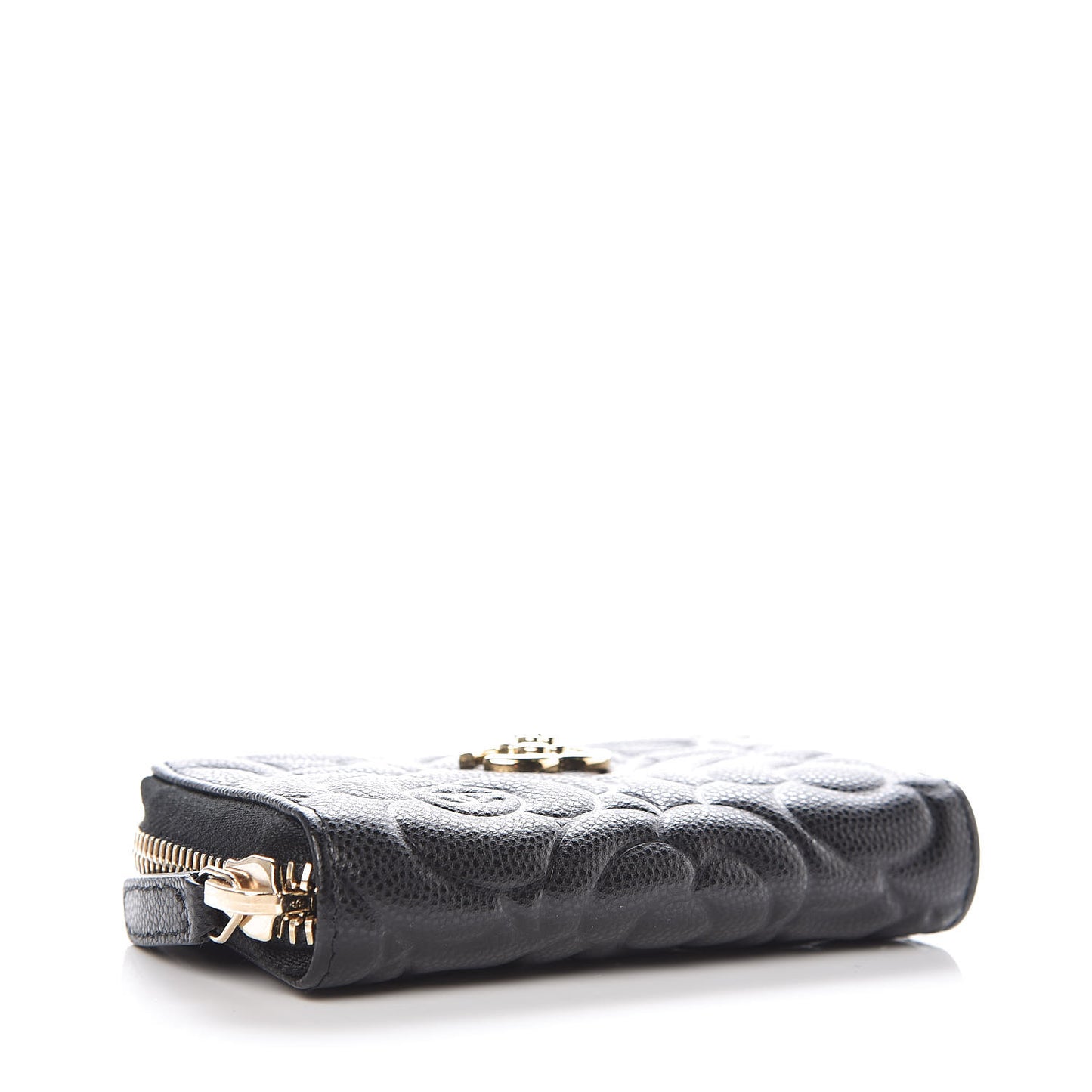 Caviar Camellia Embossed Zip Coin Purse Black
