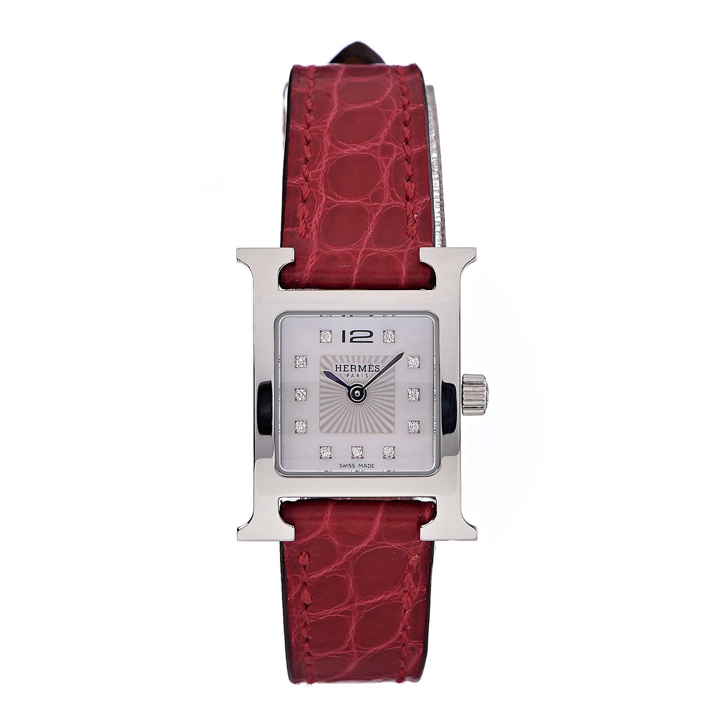 Stainless Steel Alligator Diamond Mother of Pearl 17.2mm Heure H Hour Quartz Watch Braise