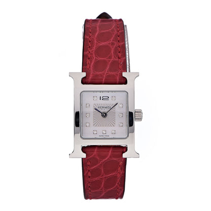 Hermes Stainless Steel Alligator Diamond Mother of Pearl 17.2mm Heure H Hour Quartz Watch Braise 1 of 11