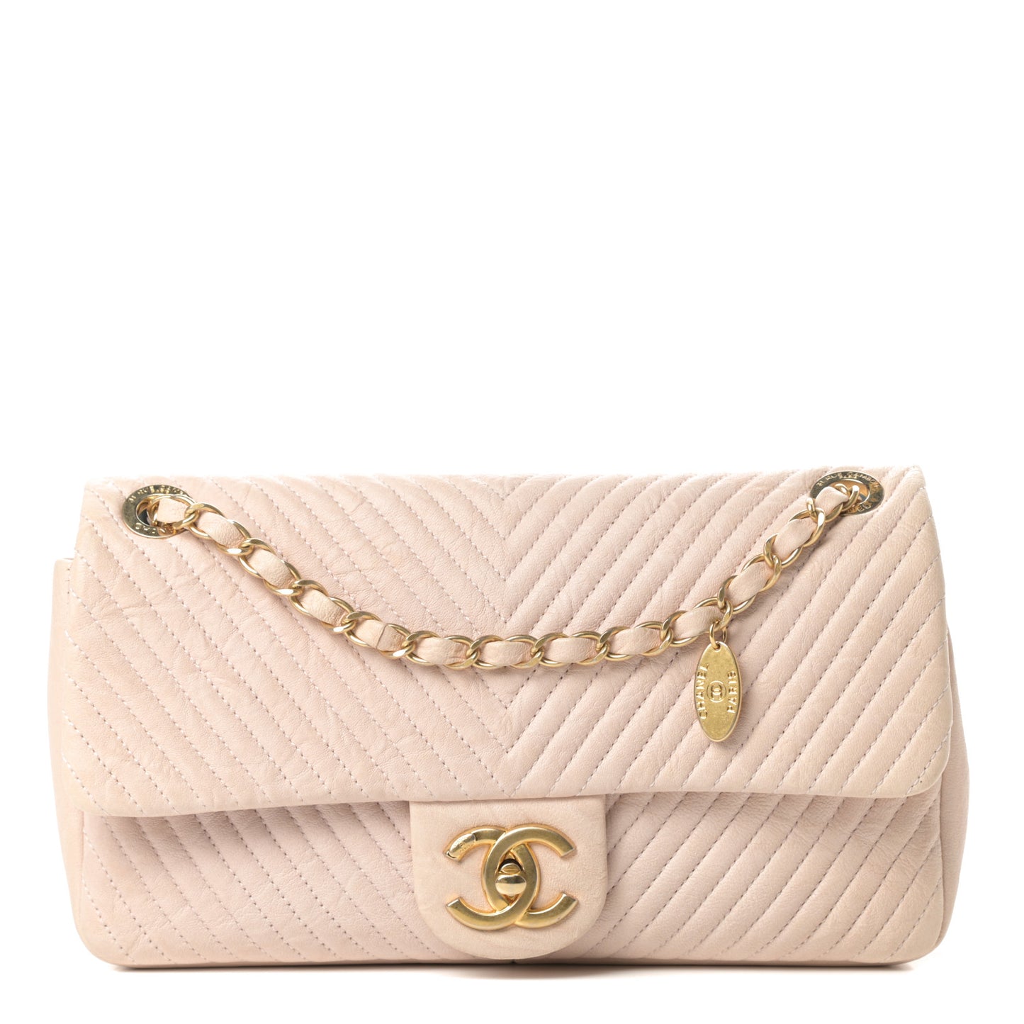 Wrinkled Lambskin Chevron Quilted Medium Flap Beige