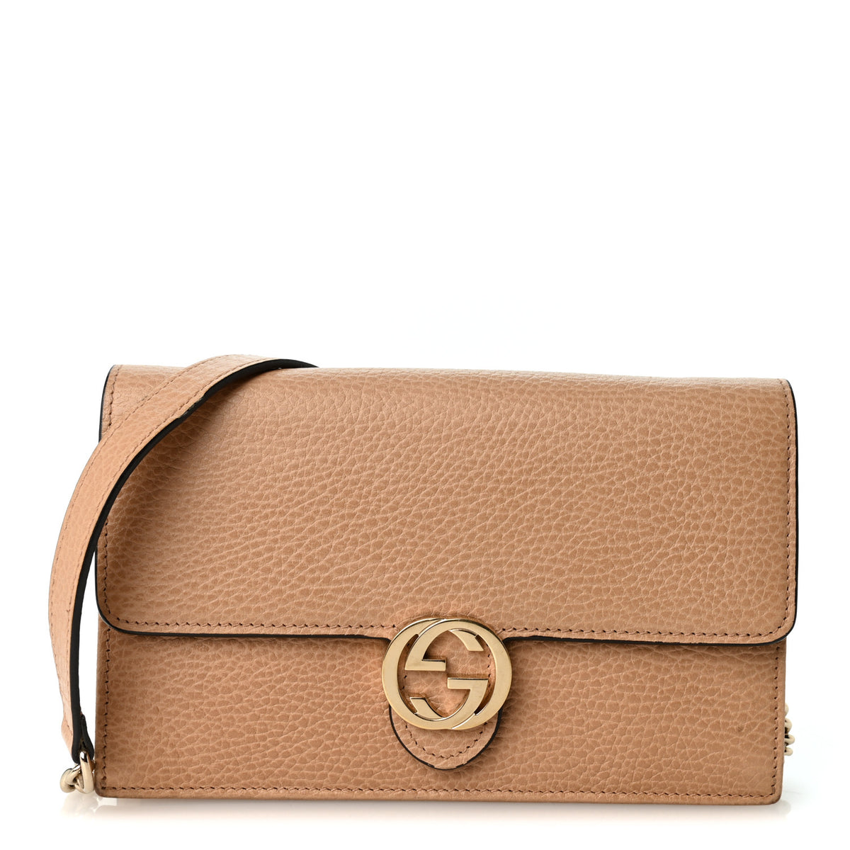 Dollar Calfskin Interlocking G Chain Wallet Camelia