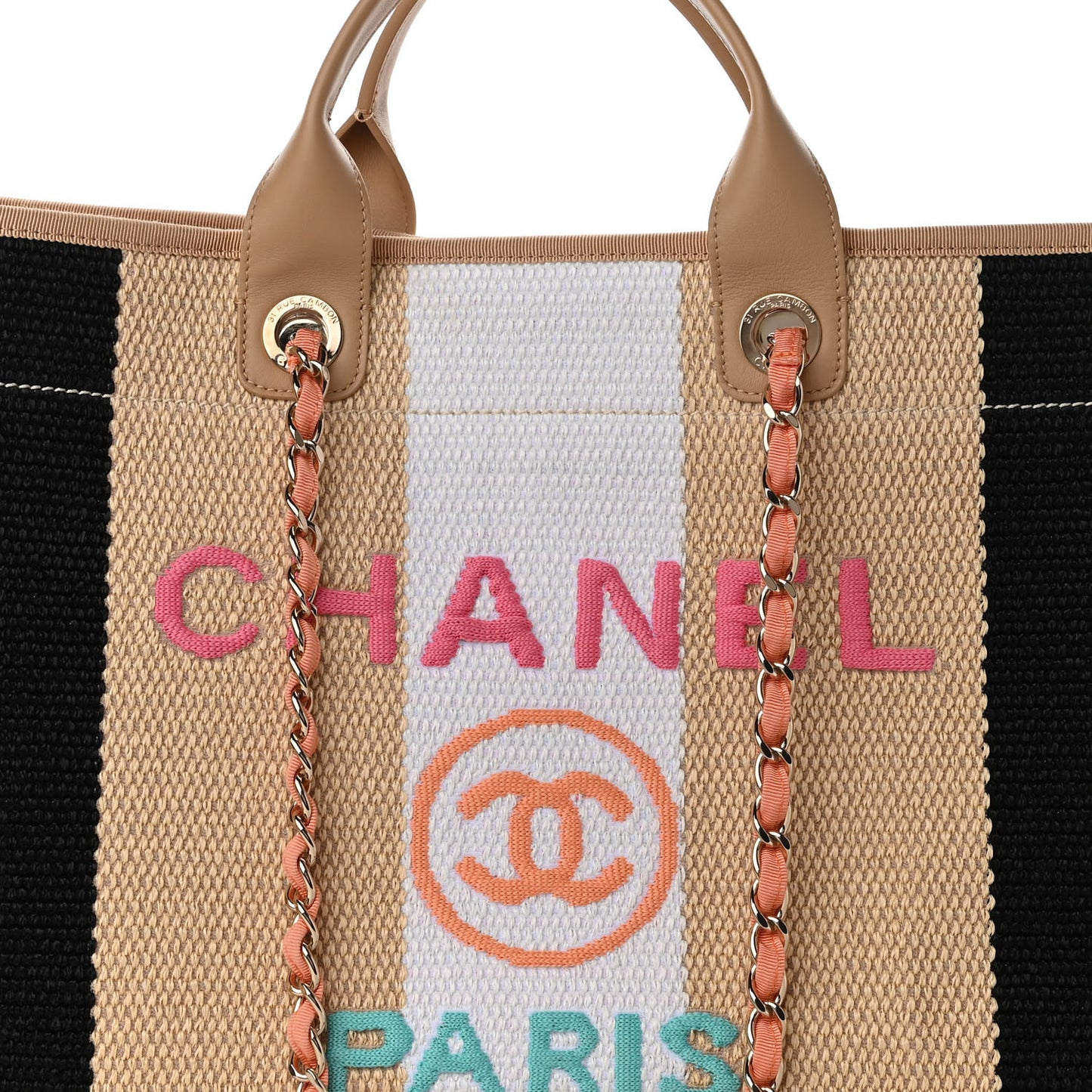 Straw Raffia Calfskin Striped Large Deauville Tote Black Beige Ivory