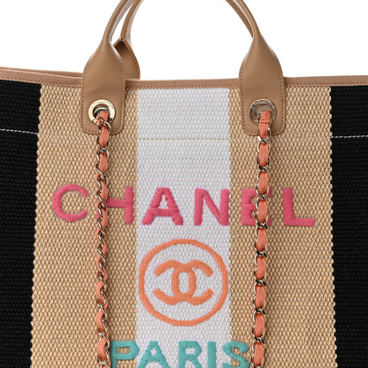 Chanel Straw Raffia Calfskin Striped Large Deauville Tote Black Beige Ivory 8 of 10
