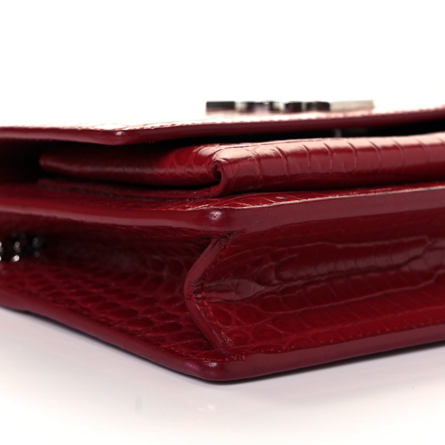 Calfskin Crocodile Embossed Monogram Sunset Chain Wallet New Lipstick Red
