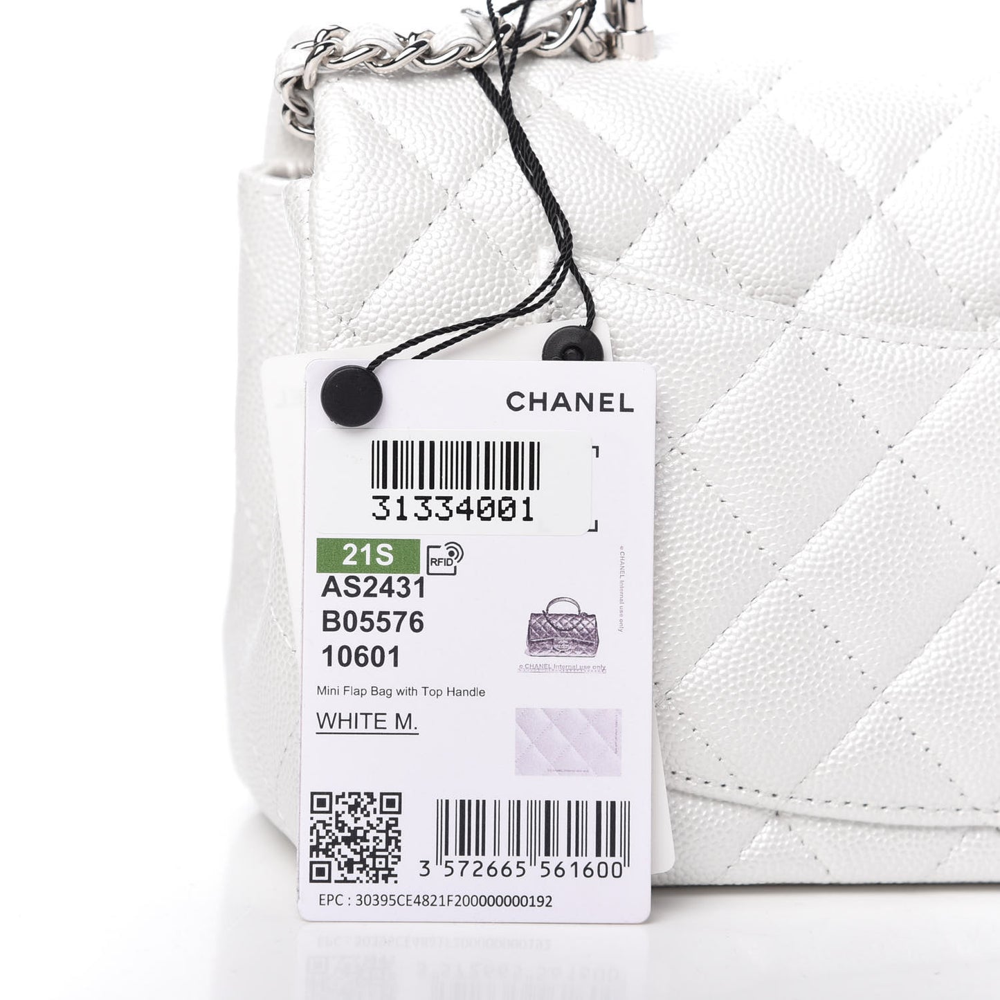 Iridescent Caviar Quilted Mini Top Handle Rectangular Flap White