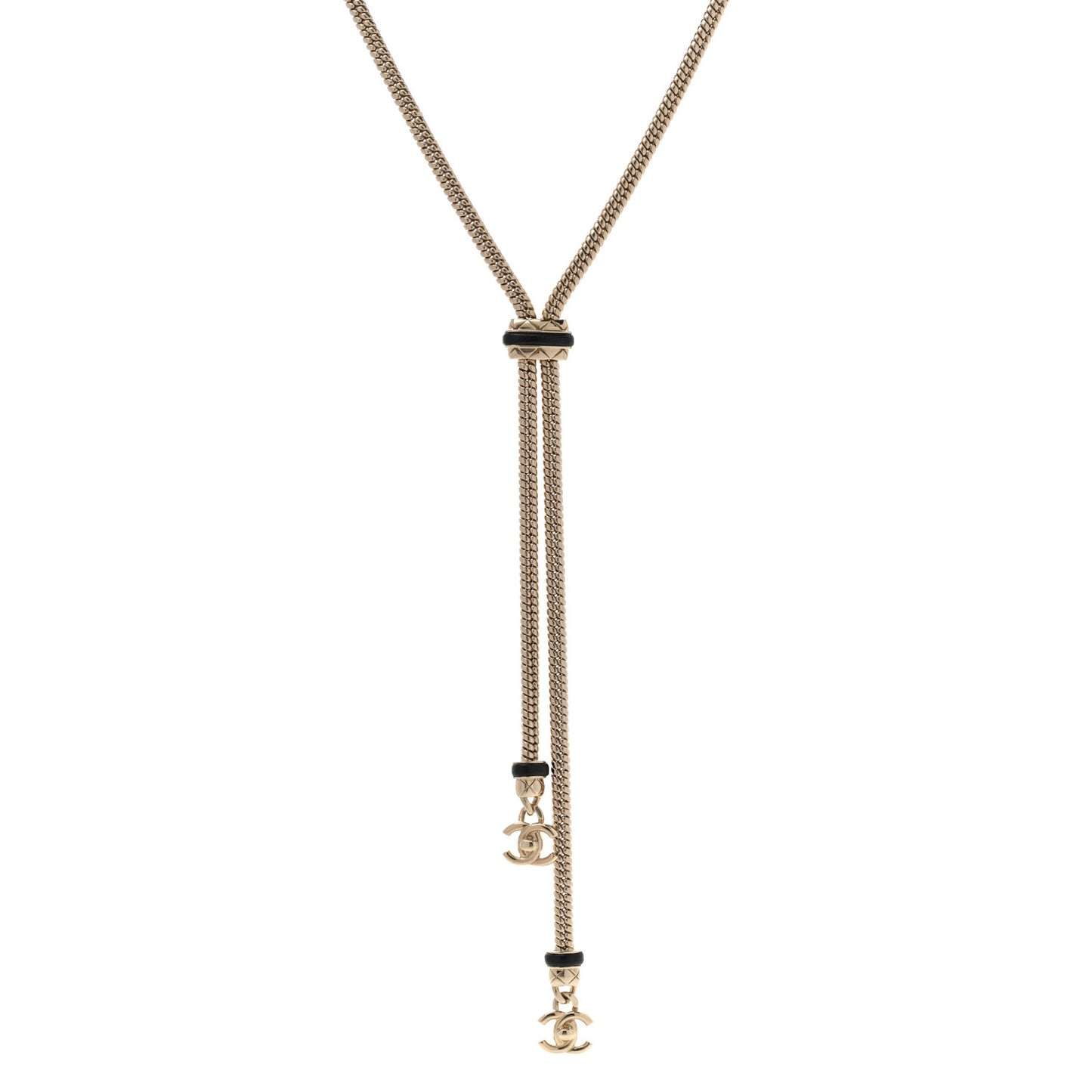 Metal Lambskin CC Turnlock Lariat Necklace Black Gold