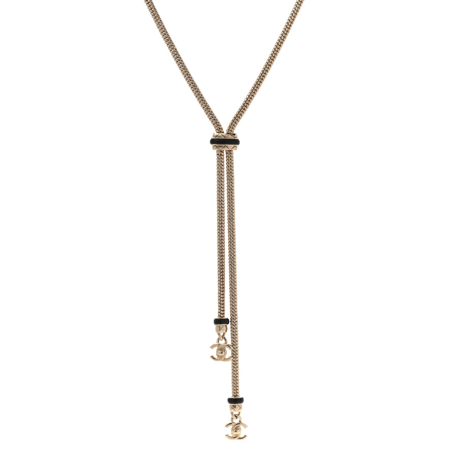 Chanel Metal Lambskin CC Turnlock Lariat Necklace Black Gold 1 of 8