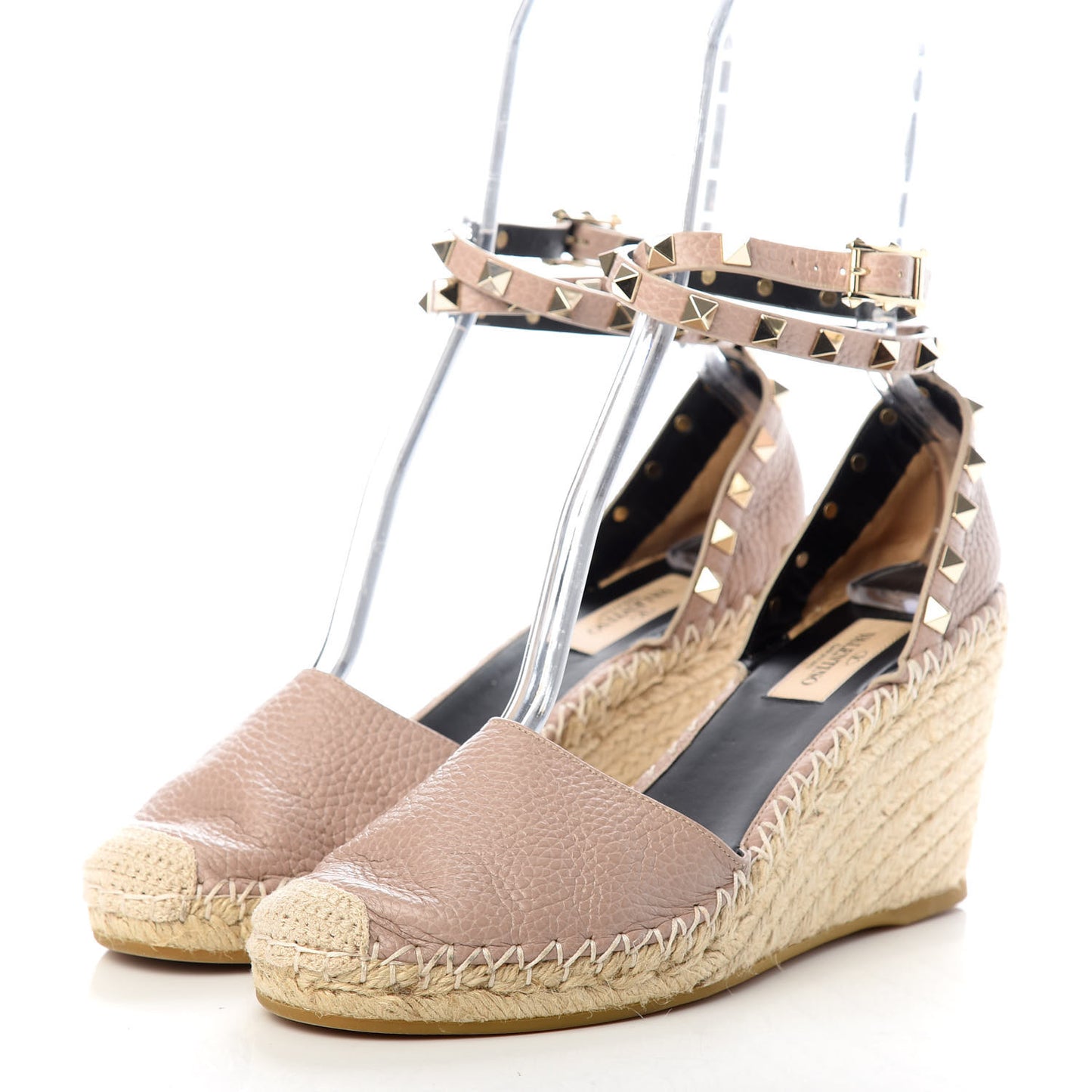 Grained Calfskin Rockstud Ankle Wrap Espadrille 15/85mm Wedges 38 Poudre Natural