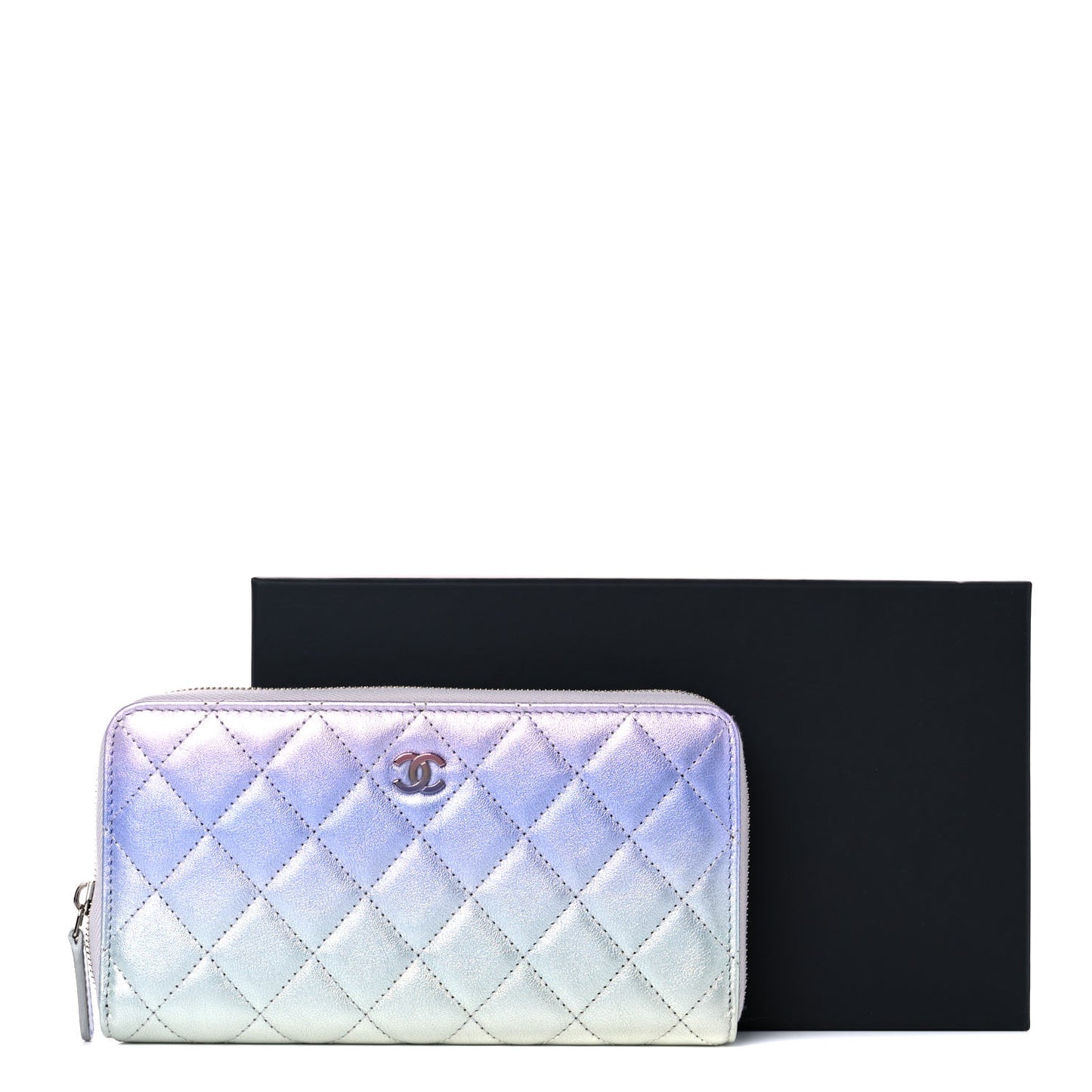 Gradient Metallic Calfskin Quilted Large Gusset Zip Around Wallet Purple Silver Blue Yellow Purple