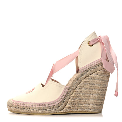 Gucci Canvas Grossgrain Embroidered Judit Ankle Wrap Platform 35/120mm Espadrille Wedges 39 White Shell 1 of 8