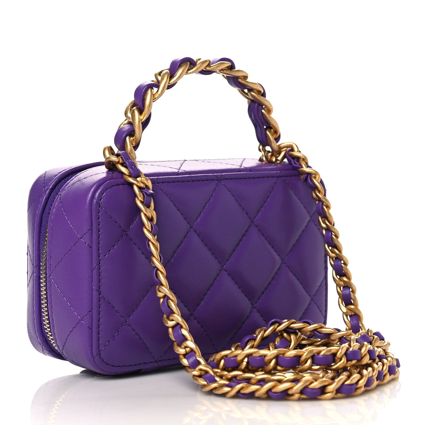 Lambskin Quilted Top Handle Mini Vanity Case Purple