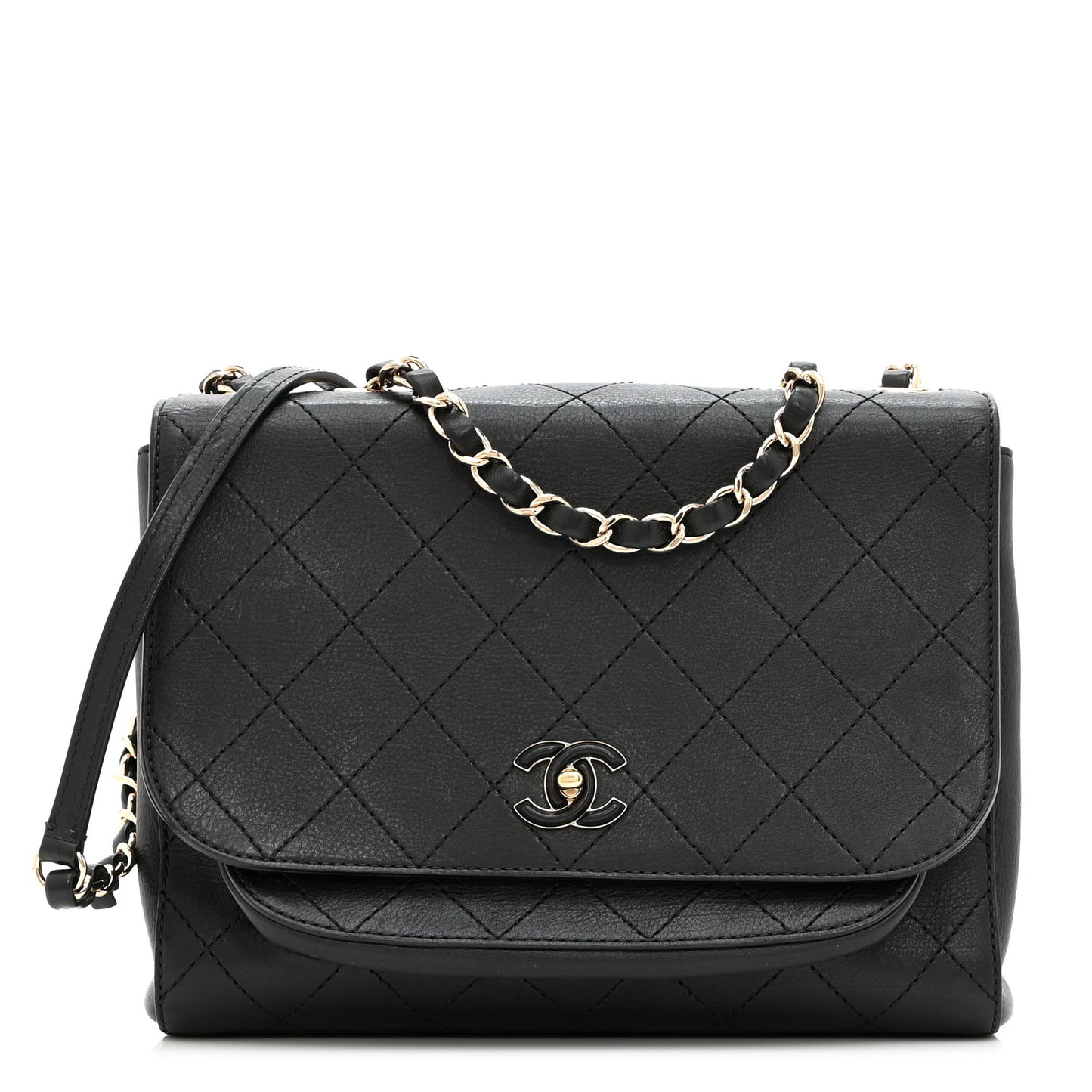 Calfskin Stitched Medium Covered CC Flap Bag Black
