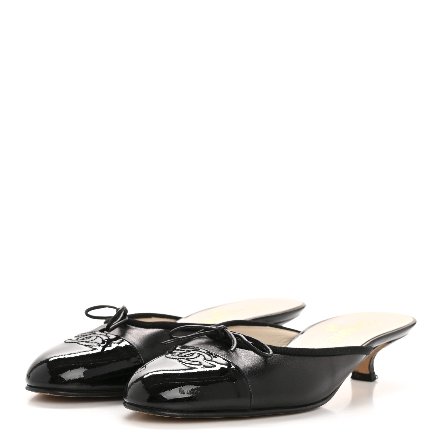 Chanel Lambskin Patent Cap Toe Bow CC Mules 36.5 Black 4 of 9