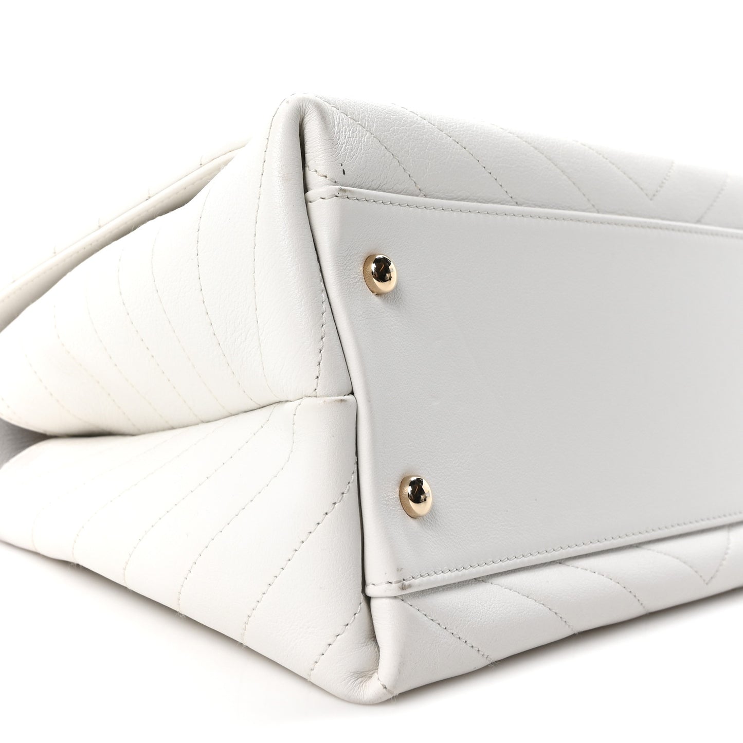 Grained Calfskin Stitched Medium Chevron Chic Top Handle Flap White