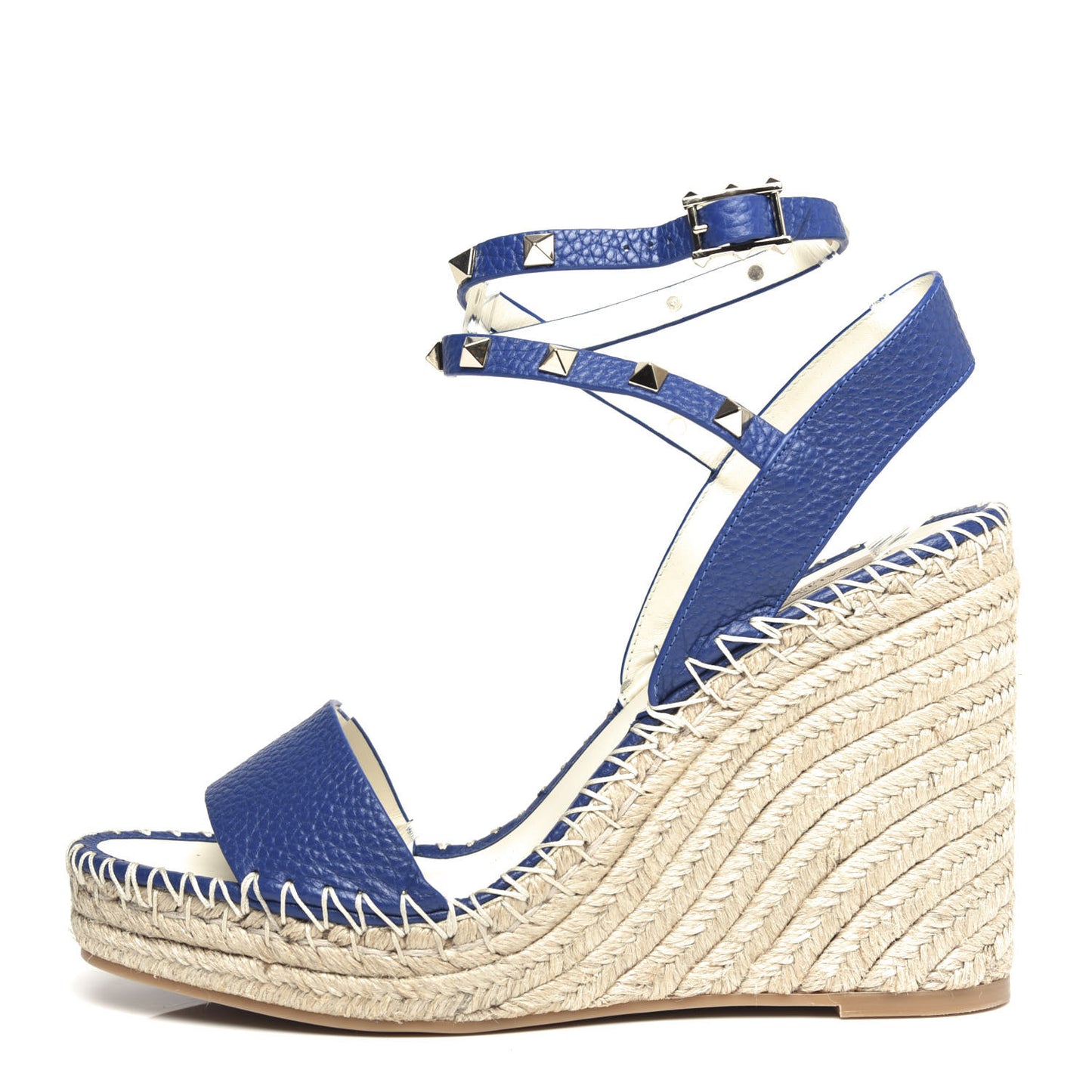 Grained Calfskin Rockstud Espadrille Wedge Sandals 41 Blue