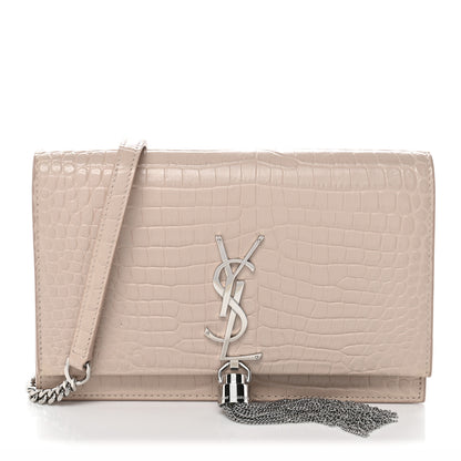 Saint Laurent Calfskin Crocodile Embossed Kate Monogram Tassel Chain Wallet Marble Pink 1 of 13