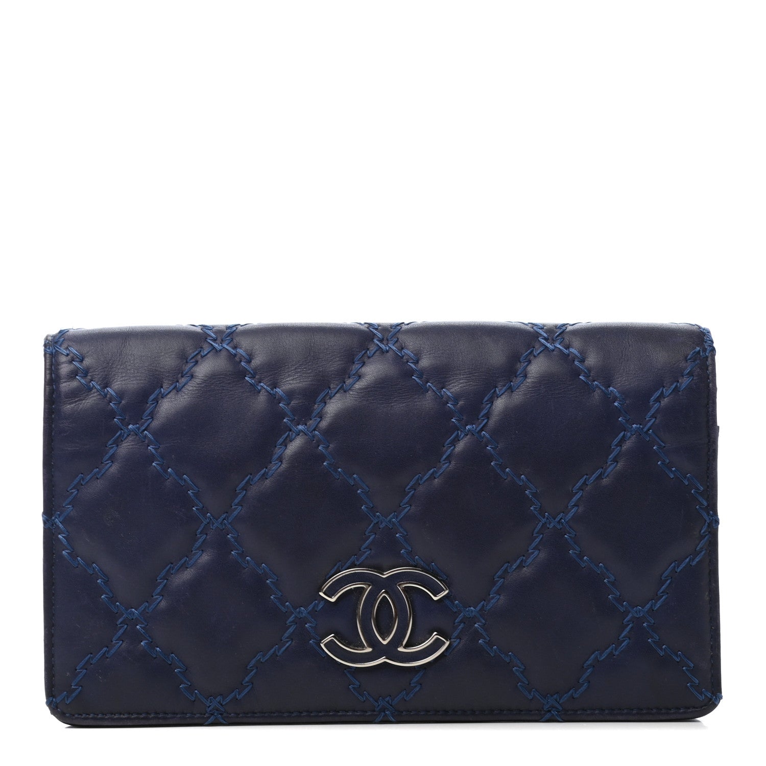 Chanel Calfskin Double Stitch Hampton Yen Wallet Blue 1 of 9