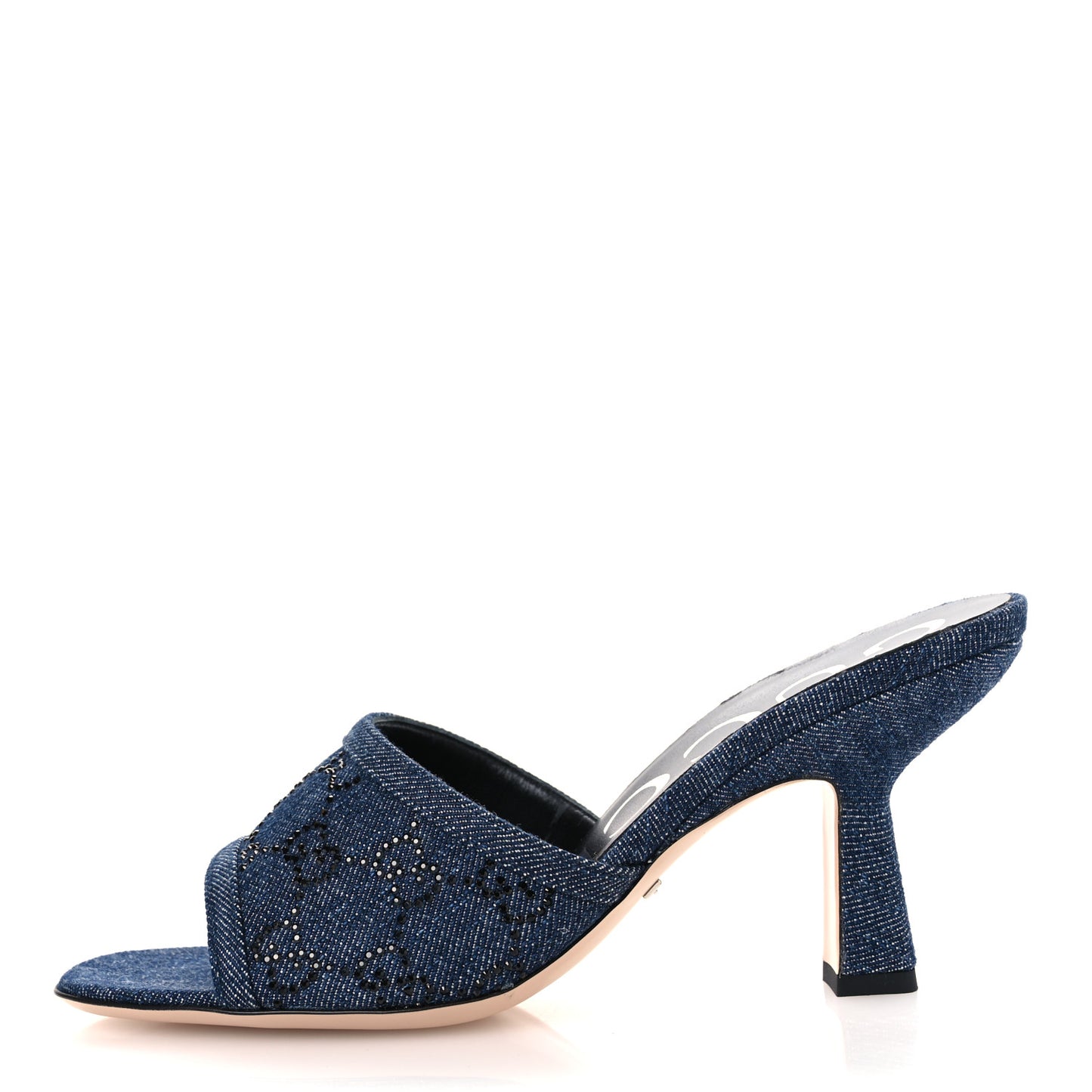 Denim Crystal GG Monogram Mules 37.5 Blue