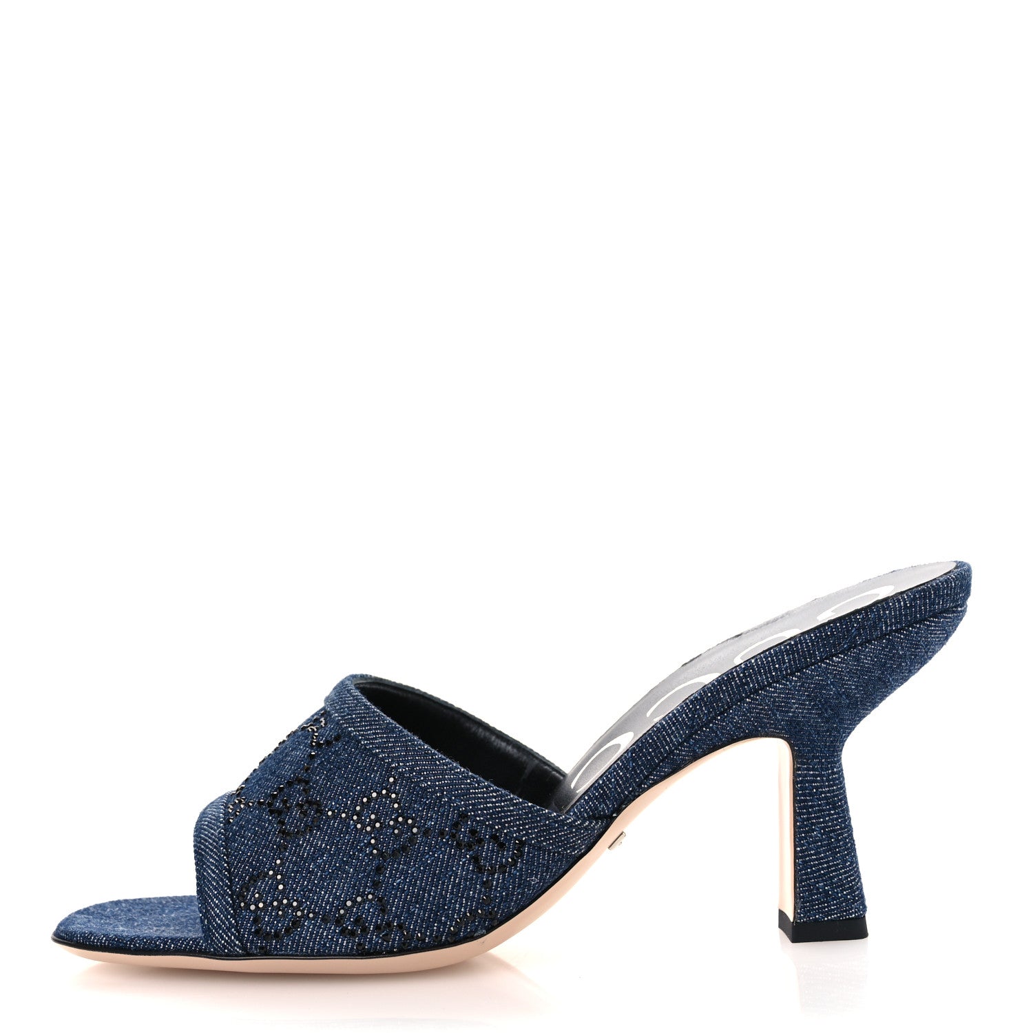 Gucci Denim Crystal GG Monogram Mules 37.5 Blue 1 of 11