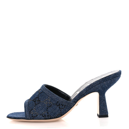 Gucci Denim Crystal GG Monogram Mules 37.5 Blue 1 of 11