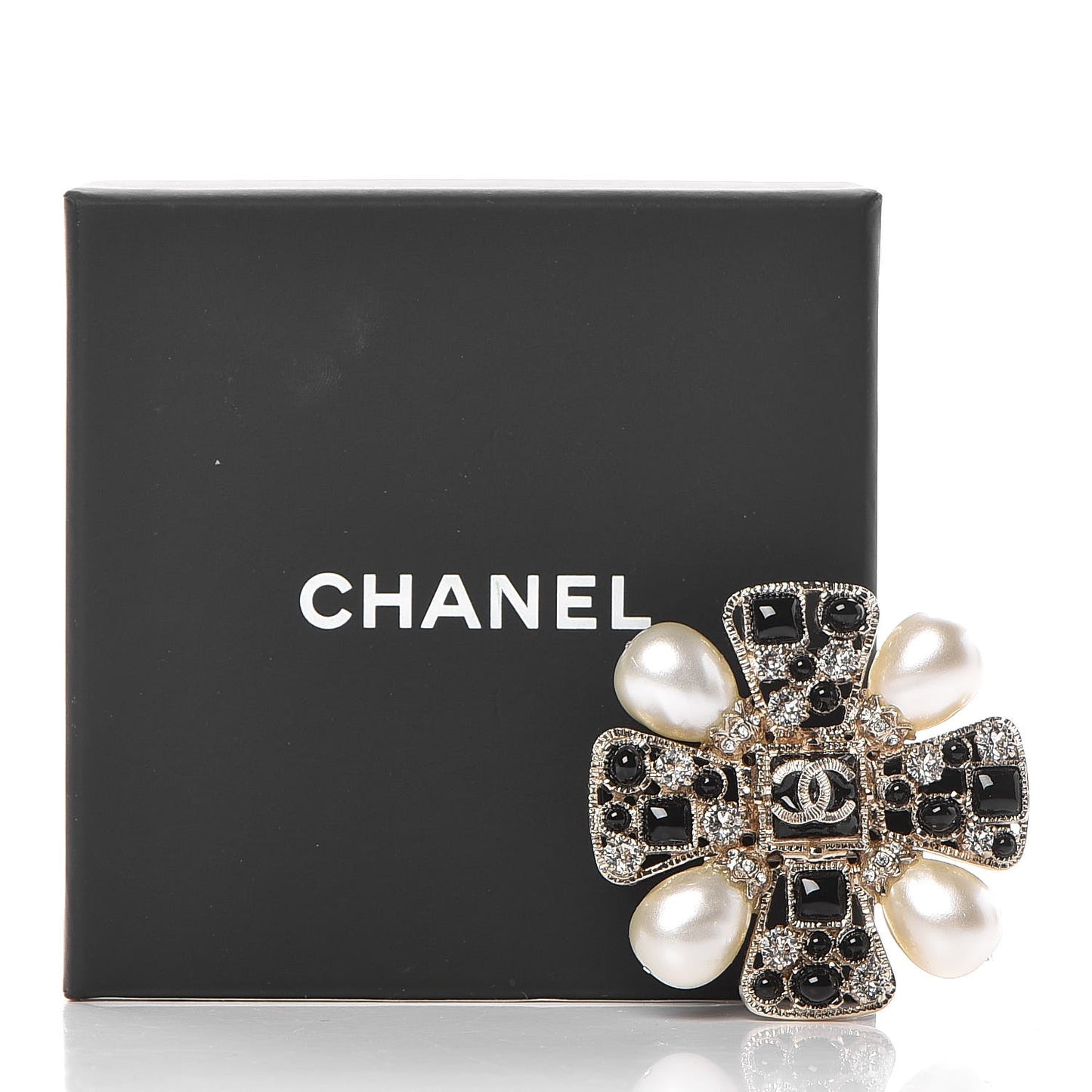 Gripoix Poured Glass Crystal Pearl Brooch Black Gold
