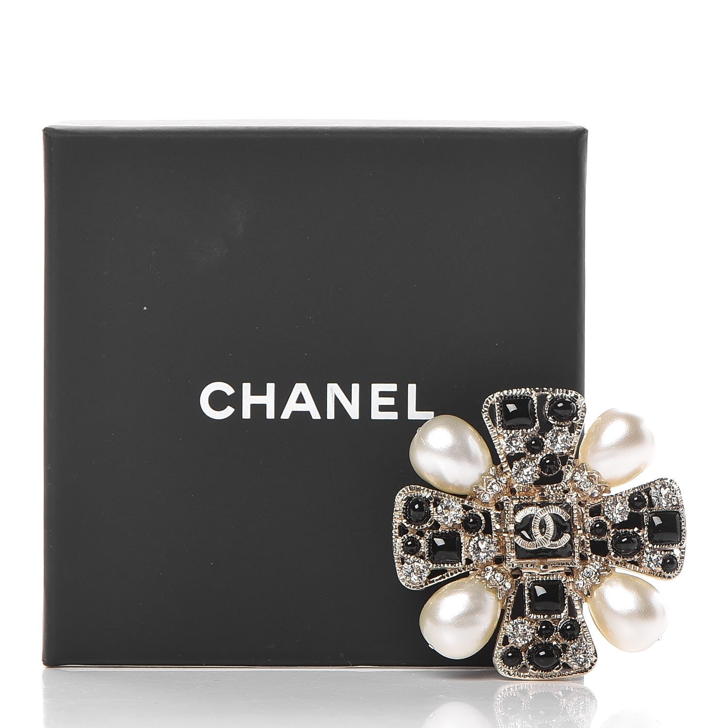 Chanel Gripoix Poured Glass Crystal Pearl Brooch Black Gold 5 of 5