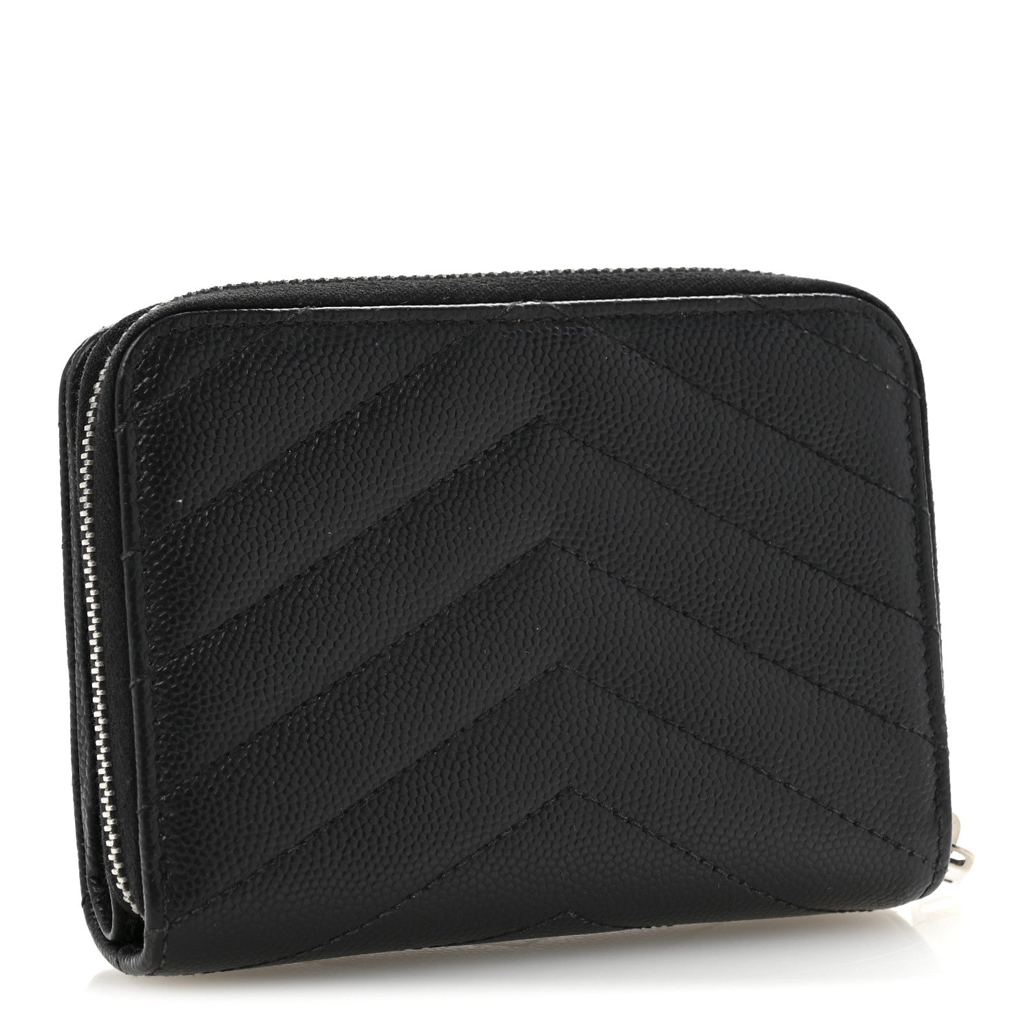 Saint Laurent Grain De Poudre Matelasse Chevron Monogram Compact Zip Around Wallet Black 3 of 11