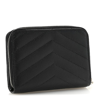 Saint Laurent Grain De Poudre Matelasse Chevron Monogram Compact Zip Around Wallet Black 3 of 11