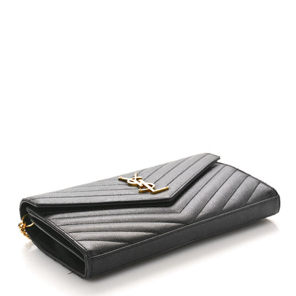 Saint Laurent Grain De Poudre Matelasse Chevron Monogram Chain Wallet Black 4 of 11