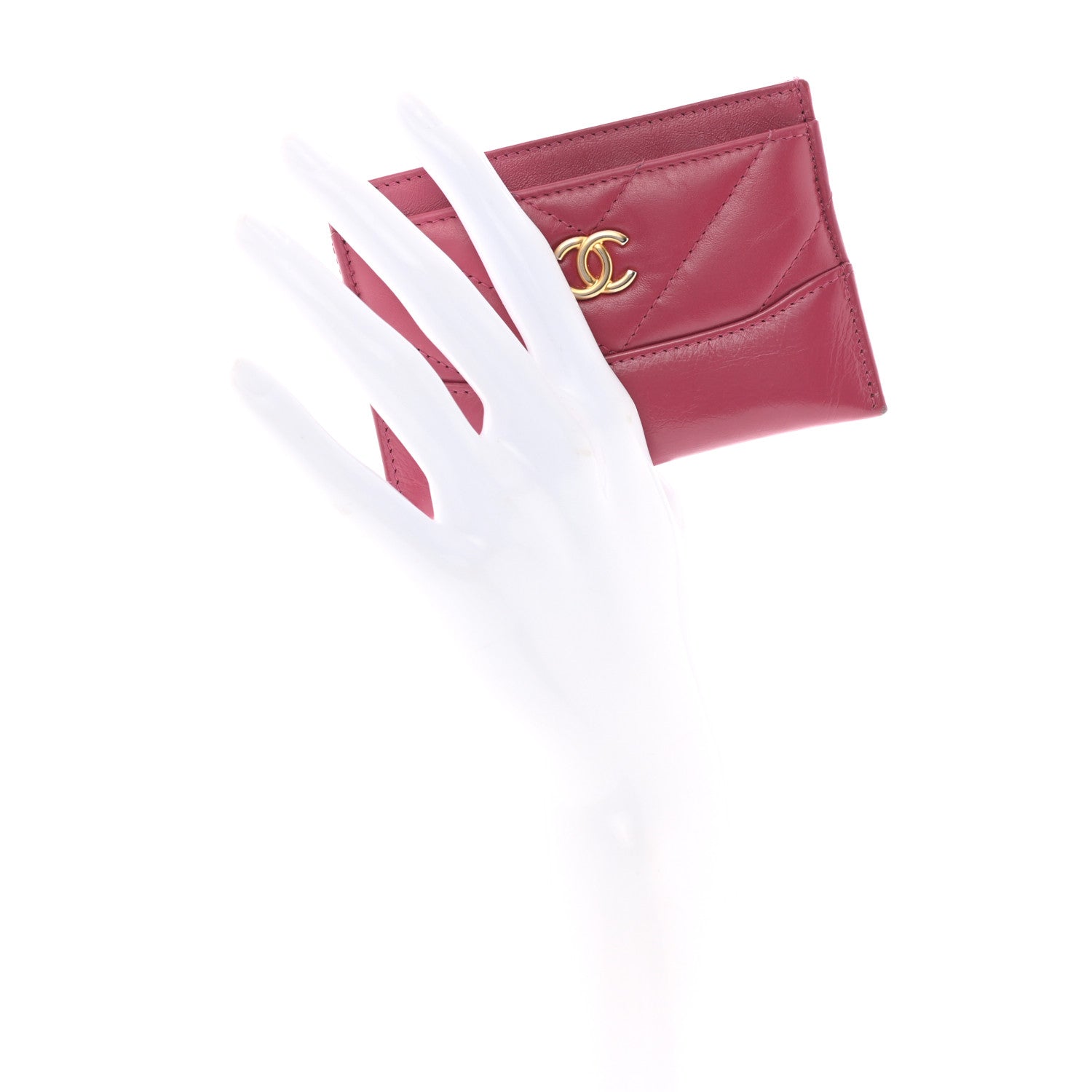 Chanel Aged Calfskin Chevron Quilted Gabrielle Card Holder Wallet Dark Pink 2 of 8