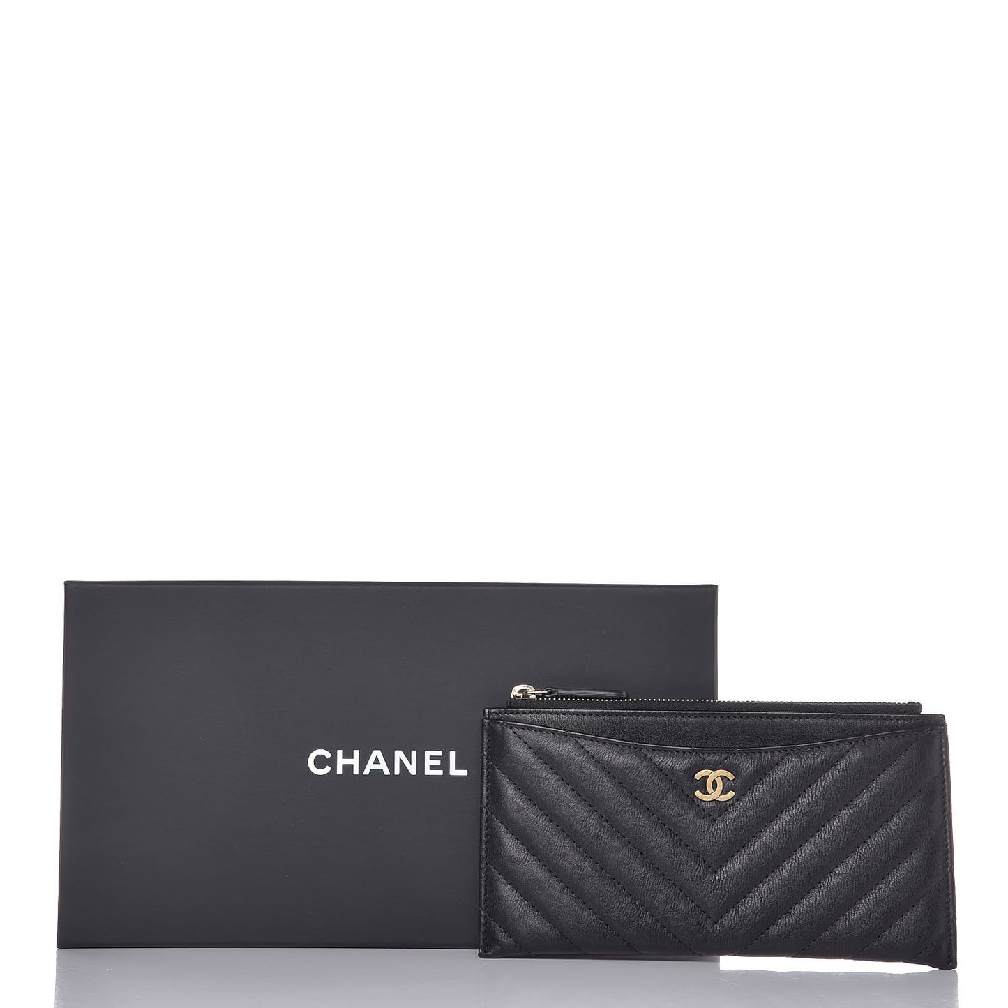 Calfskin Chevron Quilted Classic Zip Pouch Black