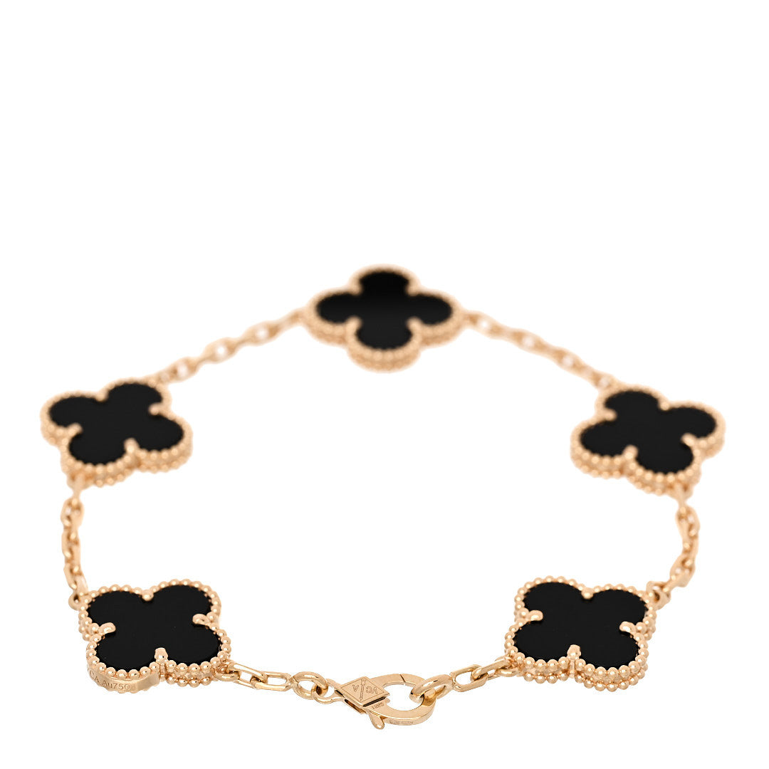 18K Yellow Gold Black Onyx 5 Motifs Vintage Alhambra Bracelet