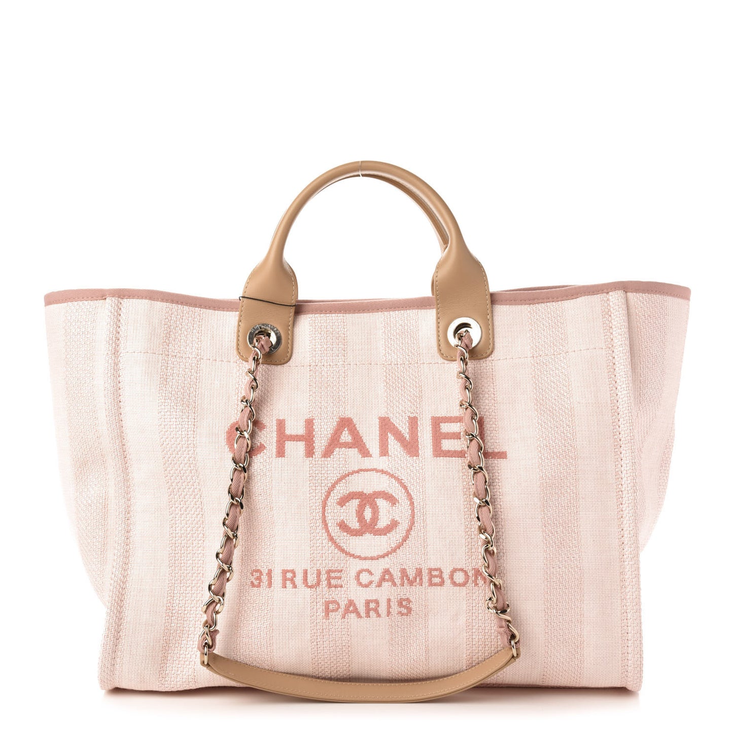 Straw Raffia Calfskin Striped Medium Deauville Tote Light Pink