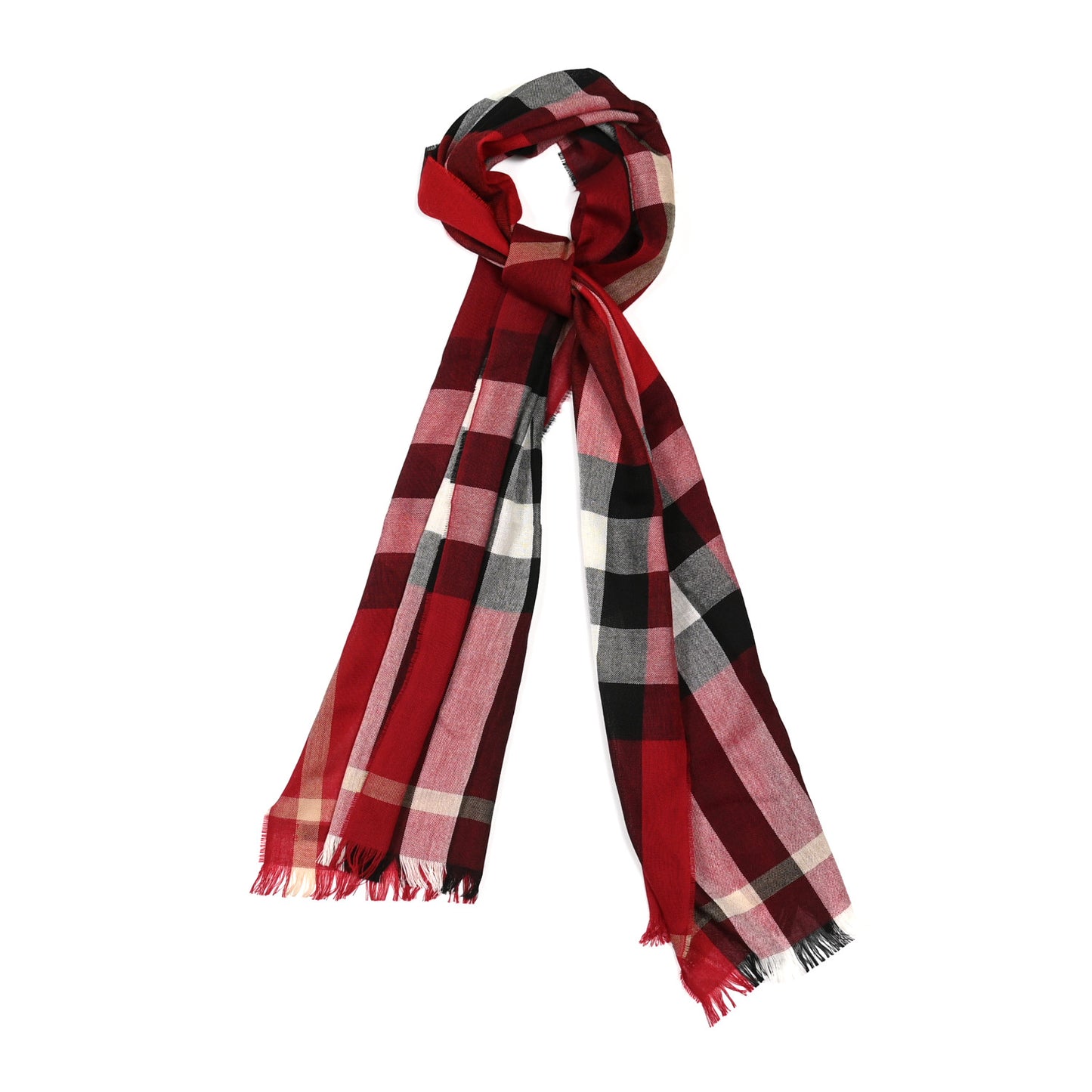 Wool Cashmere Check Fringe Scarf Red Black