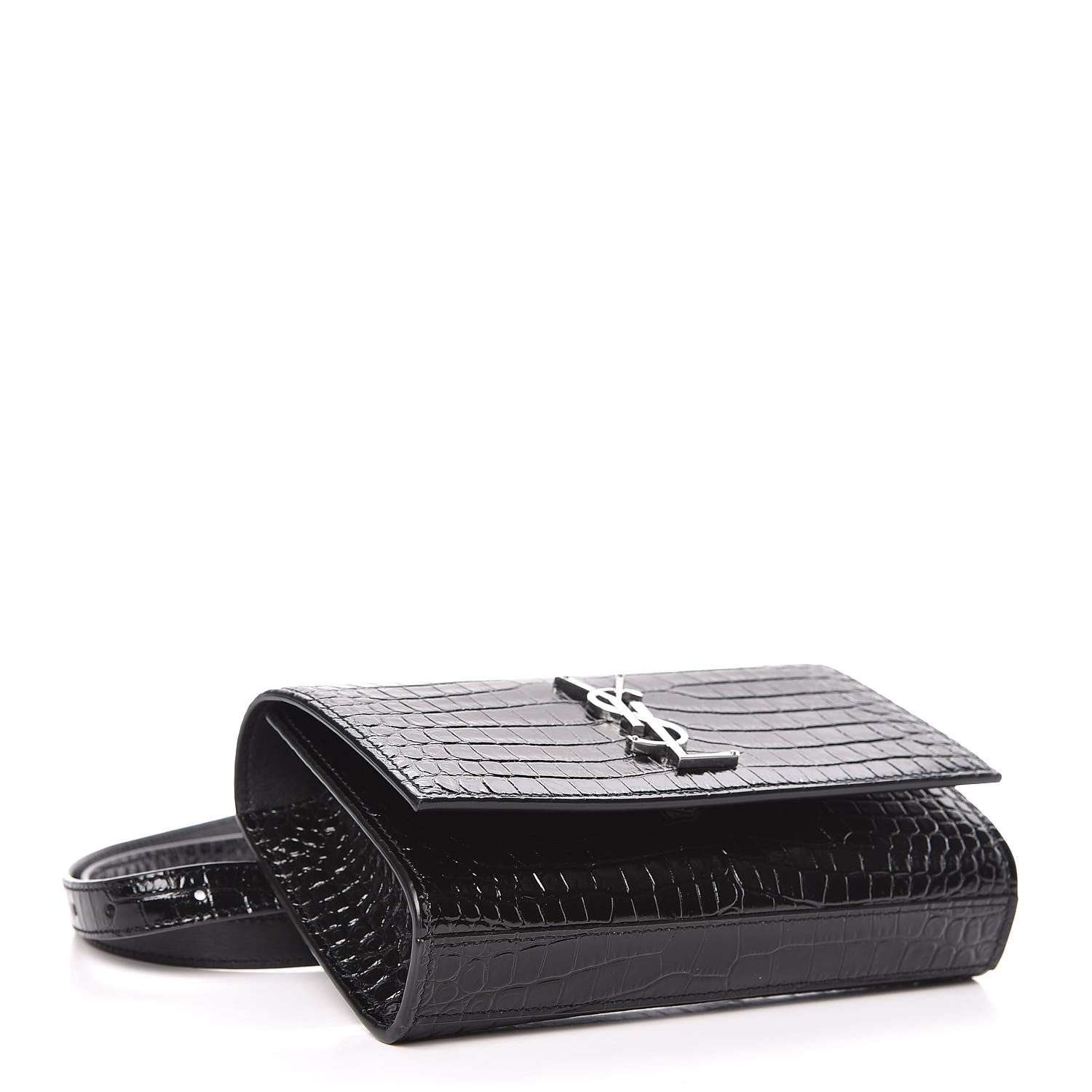 Saint Laurent Calfskin Crocodile Embossed Monogram Kate Belt Bag Black 4 of 10