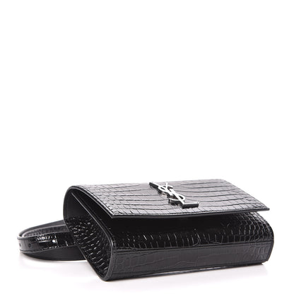 Saint Laurent Calfskin Crocodile Embossed Monogram Kate Belt Bag Black 4 of 10